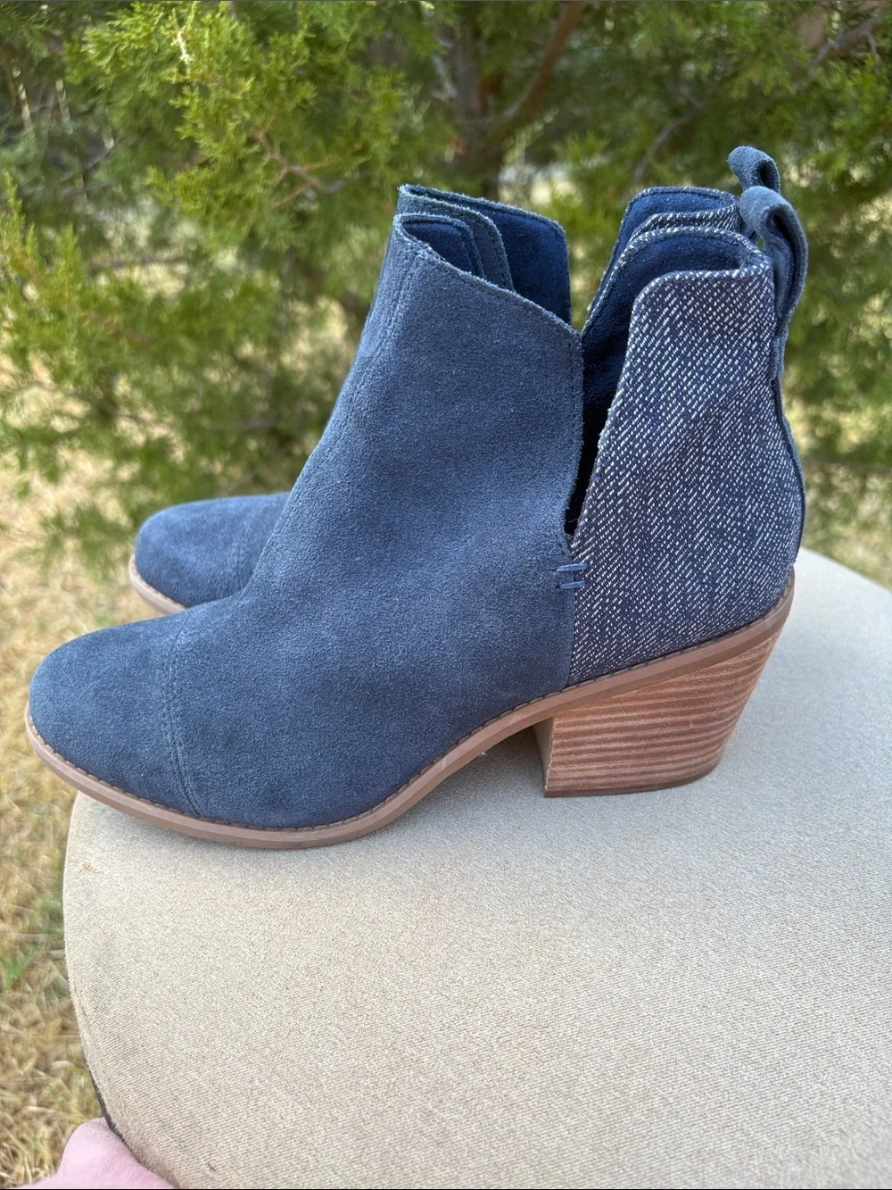Toms Navy Suede Ankle Booties with Patterned Back